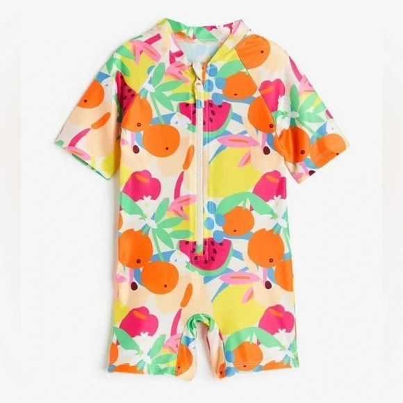 H&M Kids One-Piece Swimsuit Rashguard zip up toddler girl colorful neon - Picture 1 of 5
